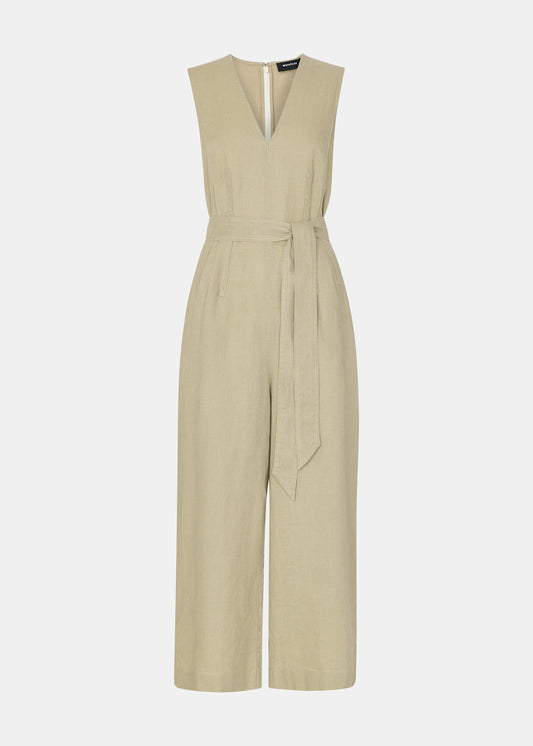 Neutral Belted Seamed Linen Jumpsuit