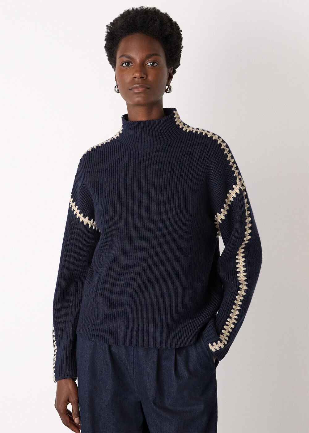 Navy Blanket Stitch Wool Mix Knit