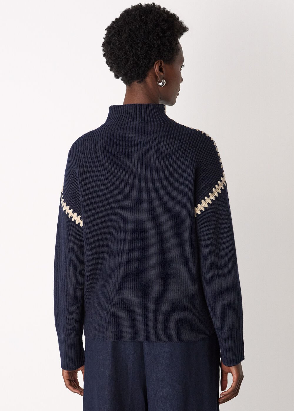 Navy Blanket Stitch Wool Mix Knit