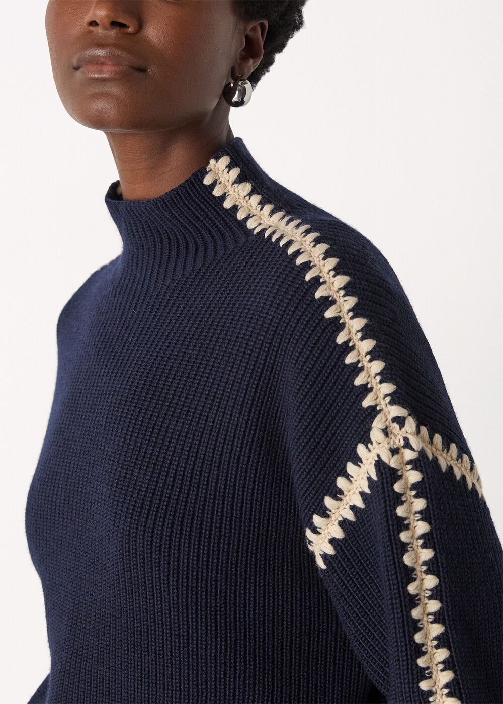 Navy Blanket Stitch Wool Mix Knit