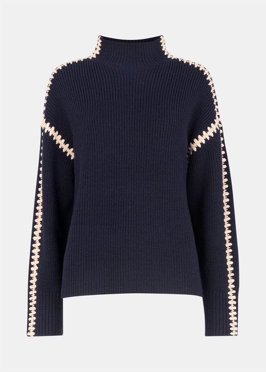 Navy Blanket Stitch Wool Mix Knit