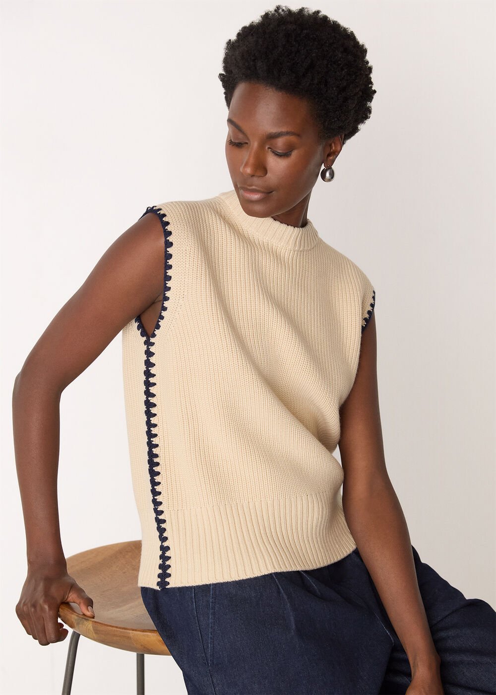 Ivory Blanket Stitch Wool Mix Tank Top