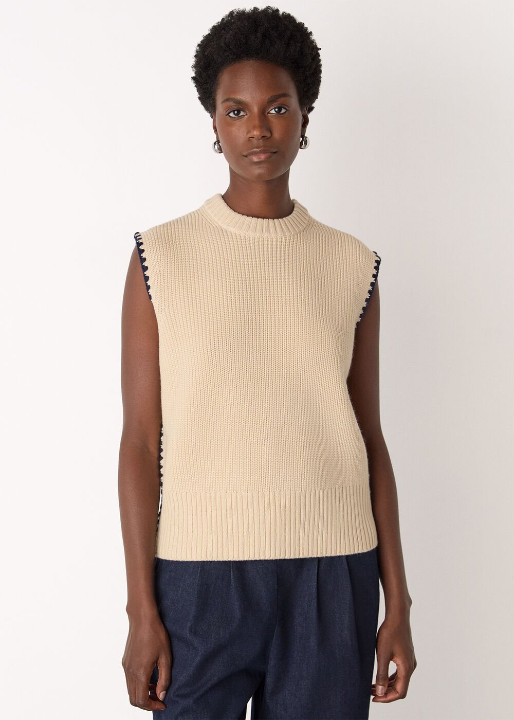 Ivory Blanket Stitch Wool Mix Tank Top