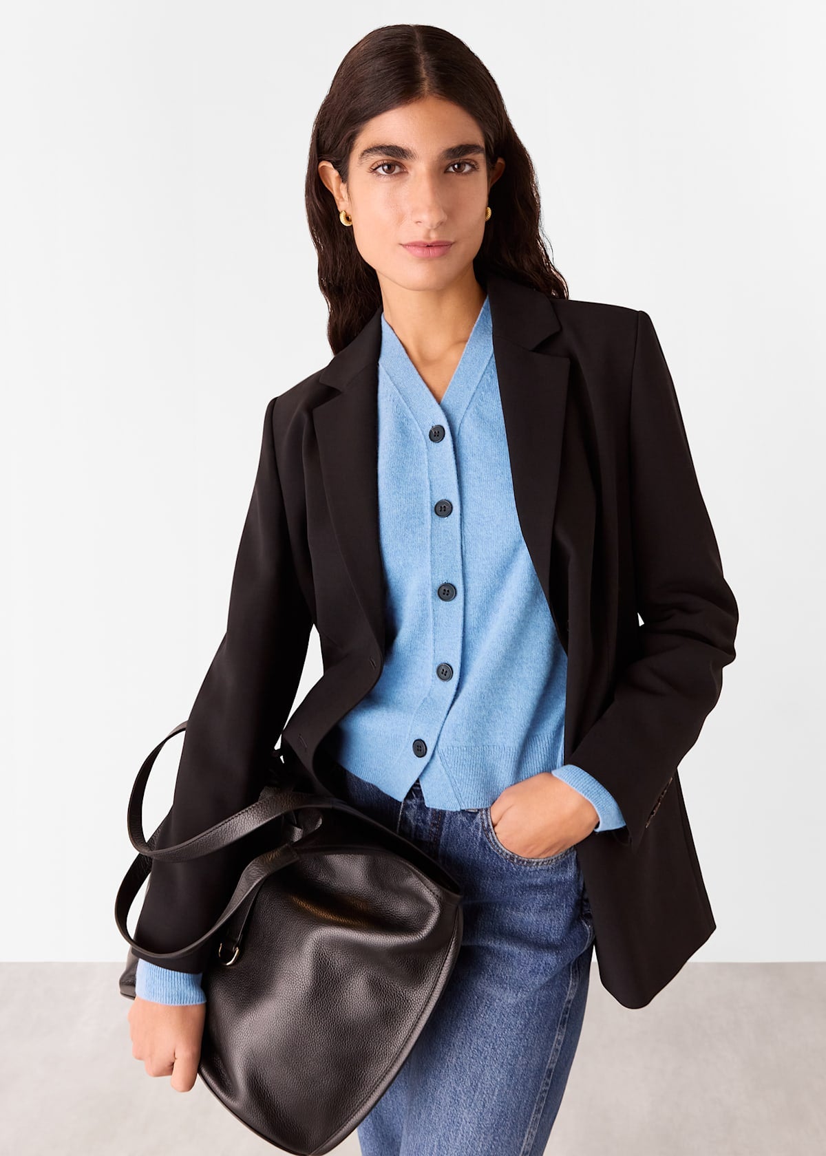 Blue Button Front V Neck Cardigan