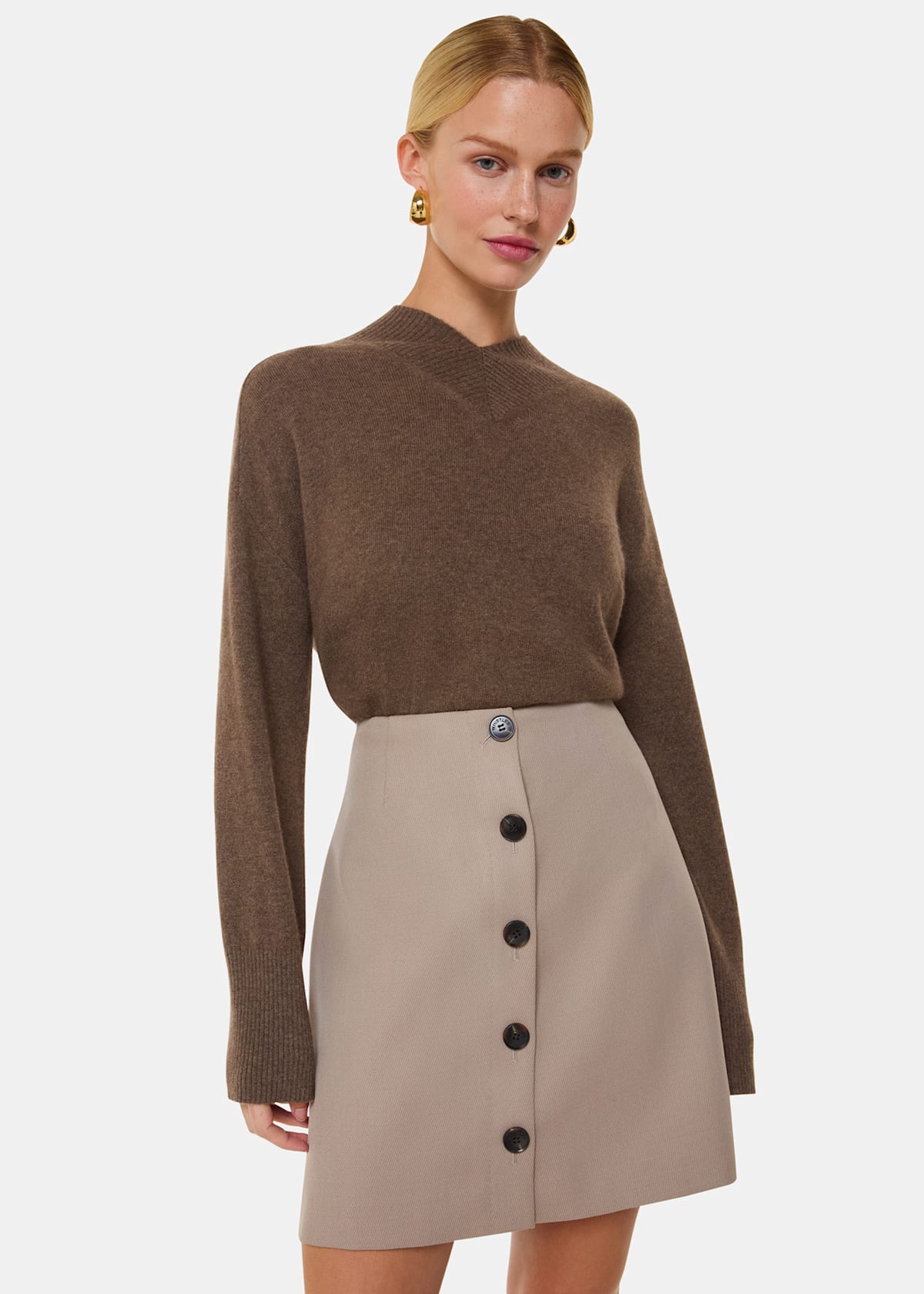 Neutral Button Front Wool Mini Skirt