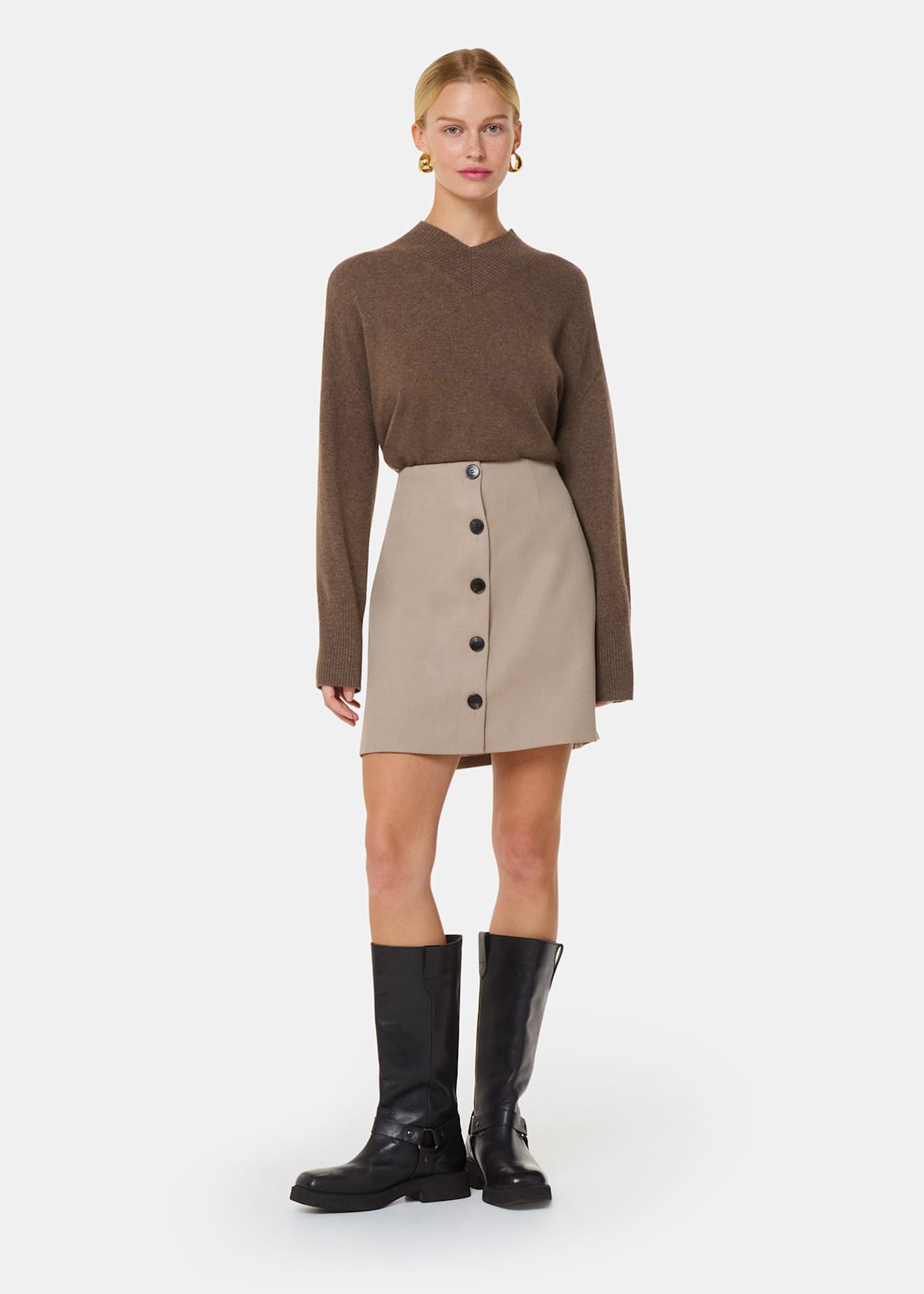 Neutral Button Front Wool Mini Skirt