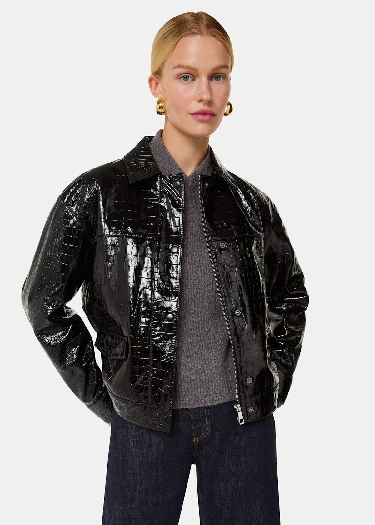 Black Casi Patent Leather Croc Biker Jacket
