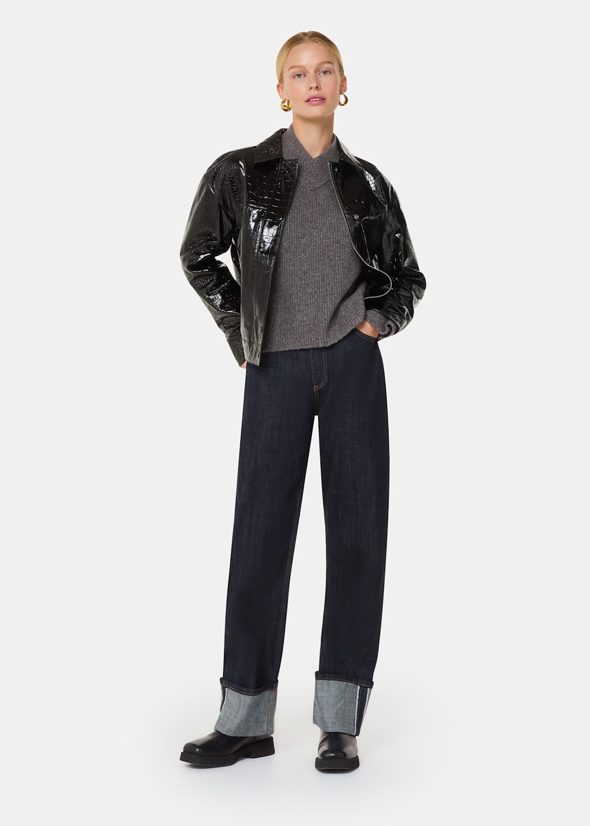 Black Casi Patent Leather Croc Biker Jacket