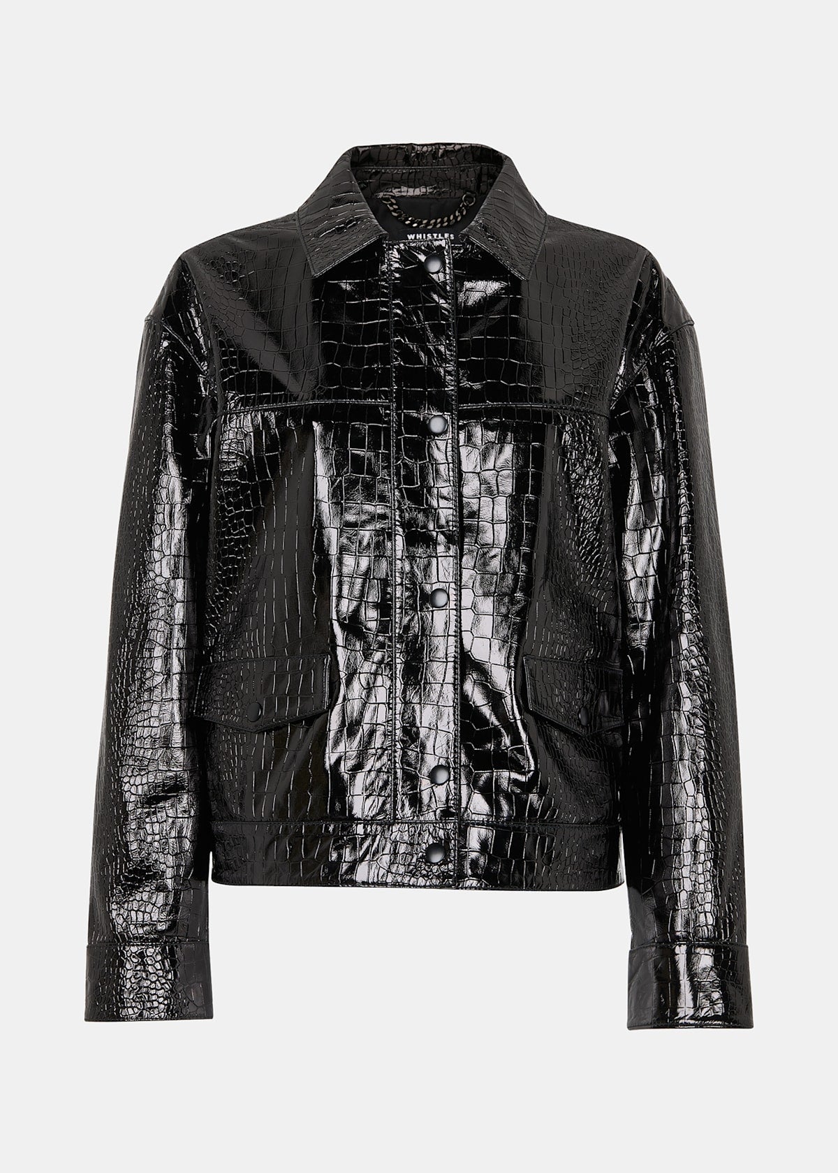 Black Casi Patent Leather Croc Biker Jacket
