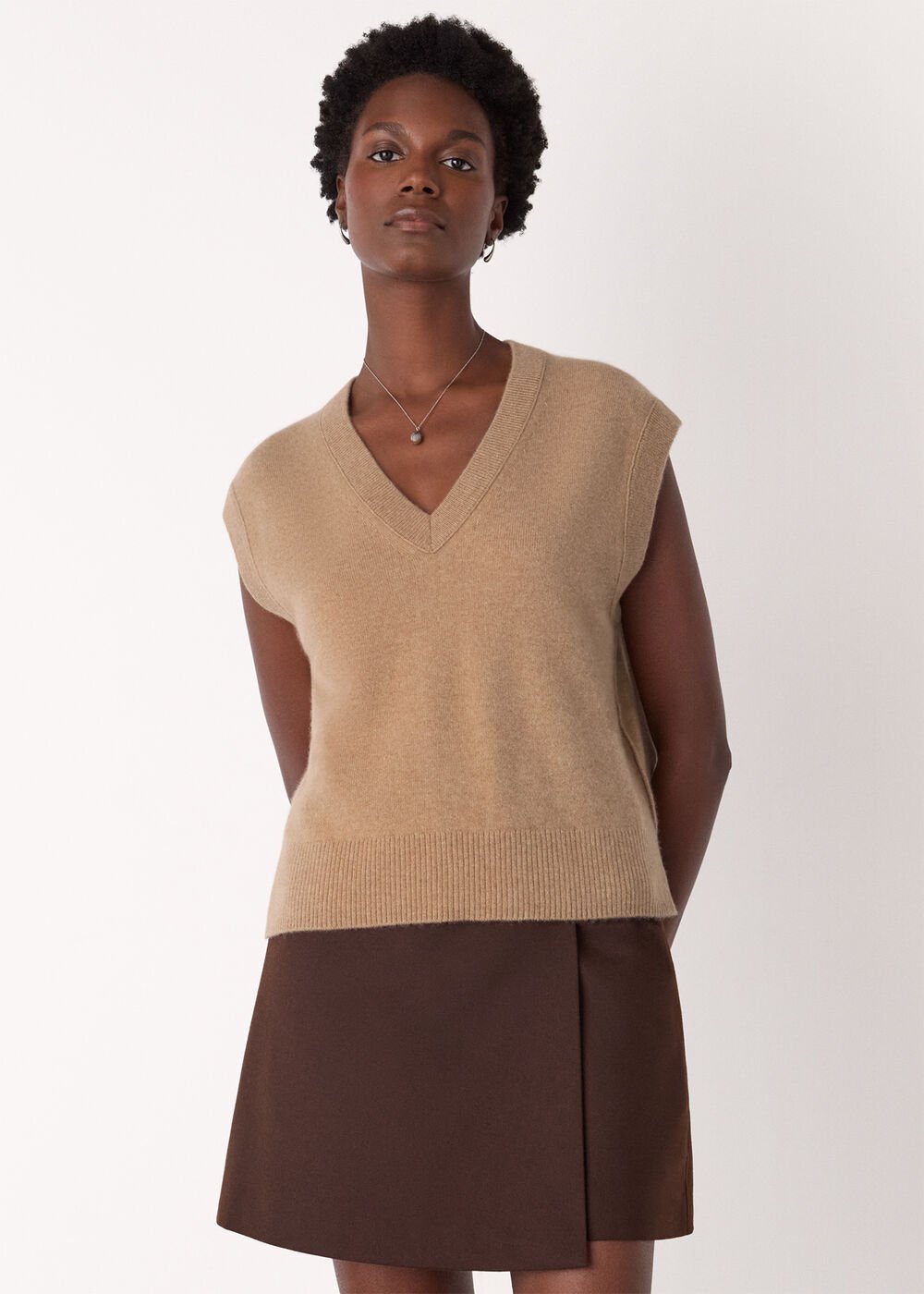 Camel Cashmere V Neck Tank