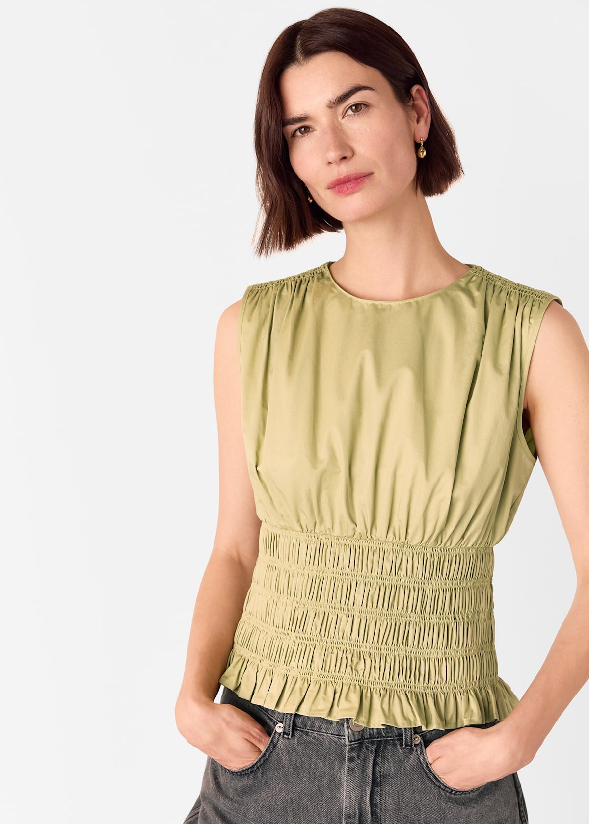 Olive Cotton Shirred Tank Top