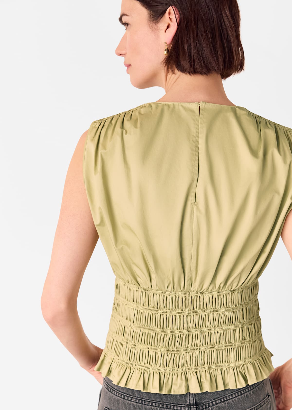 Olive Cotton Shirred Tank Top