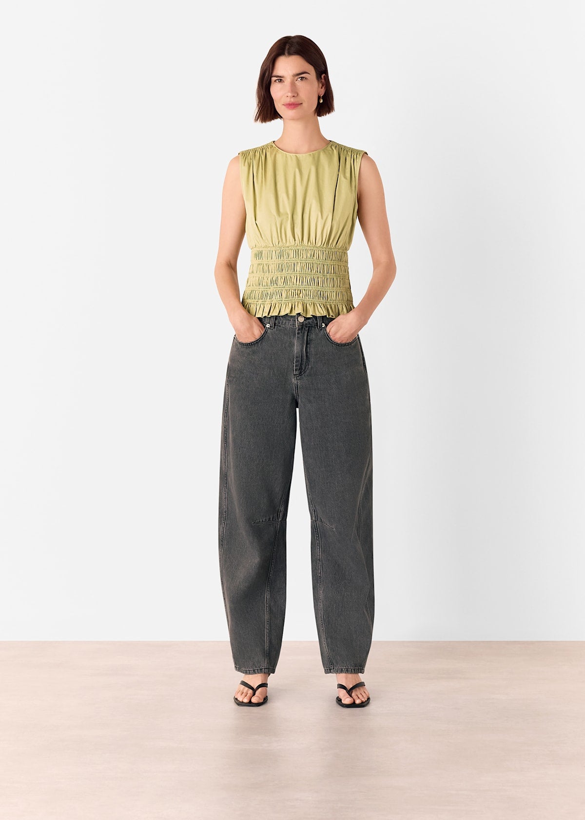 Olive Cotton Shirred Tank Top