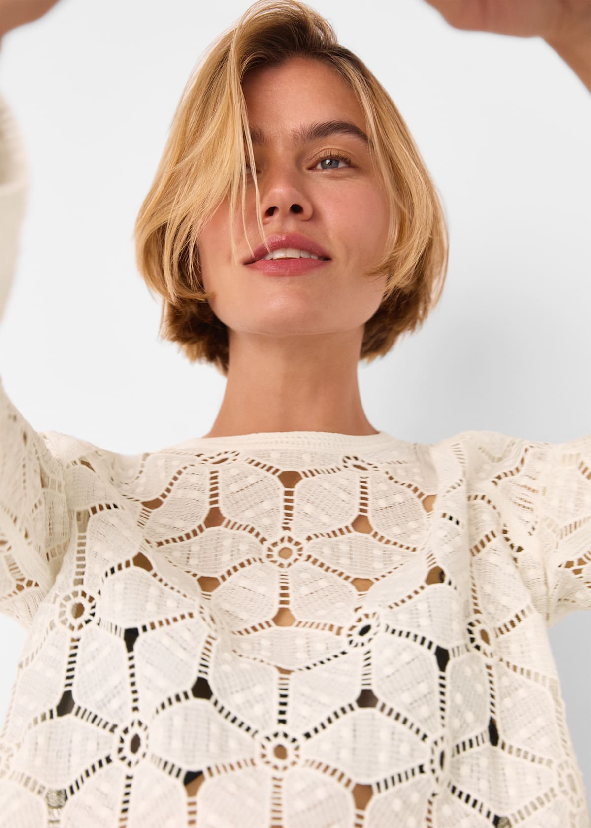 White Crochet Long Sleeve Knit