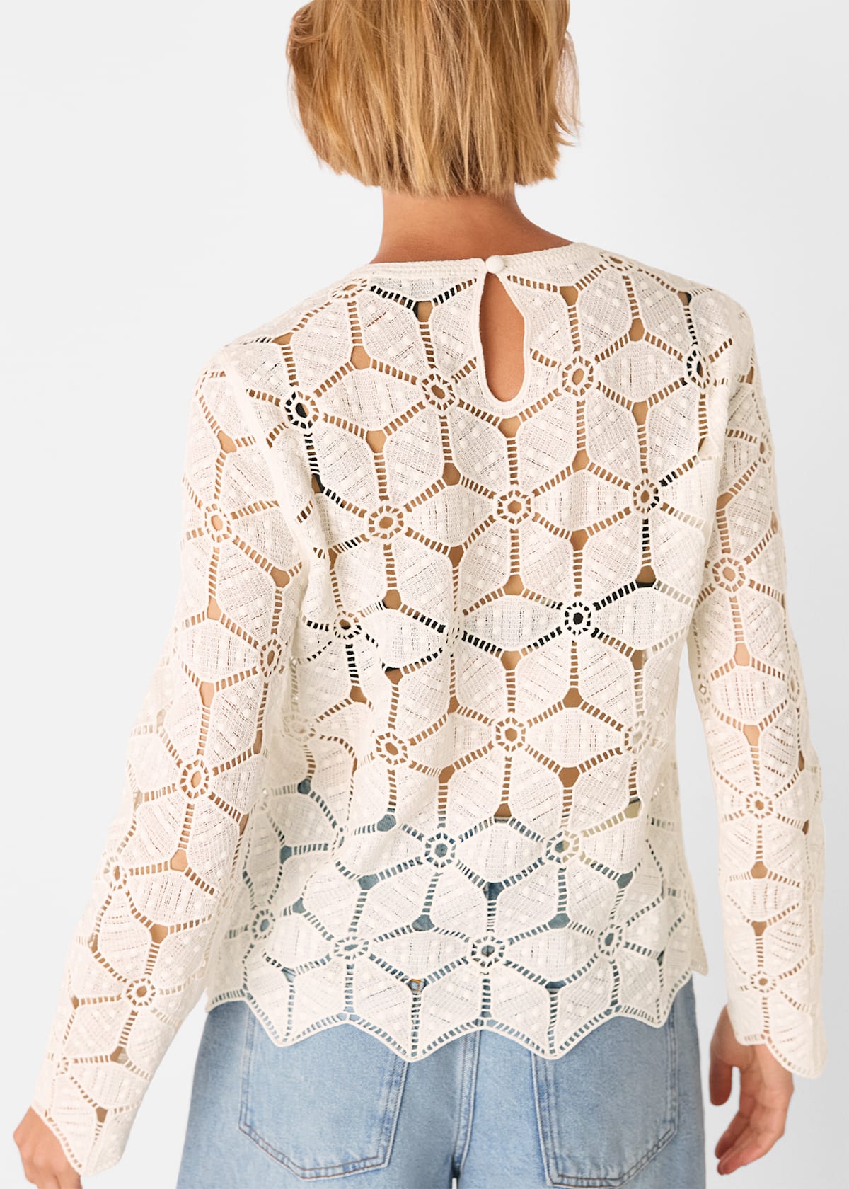 White Crochet Long Sleeve Knit