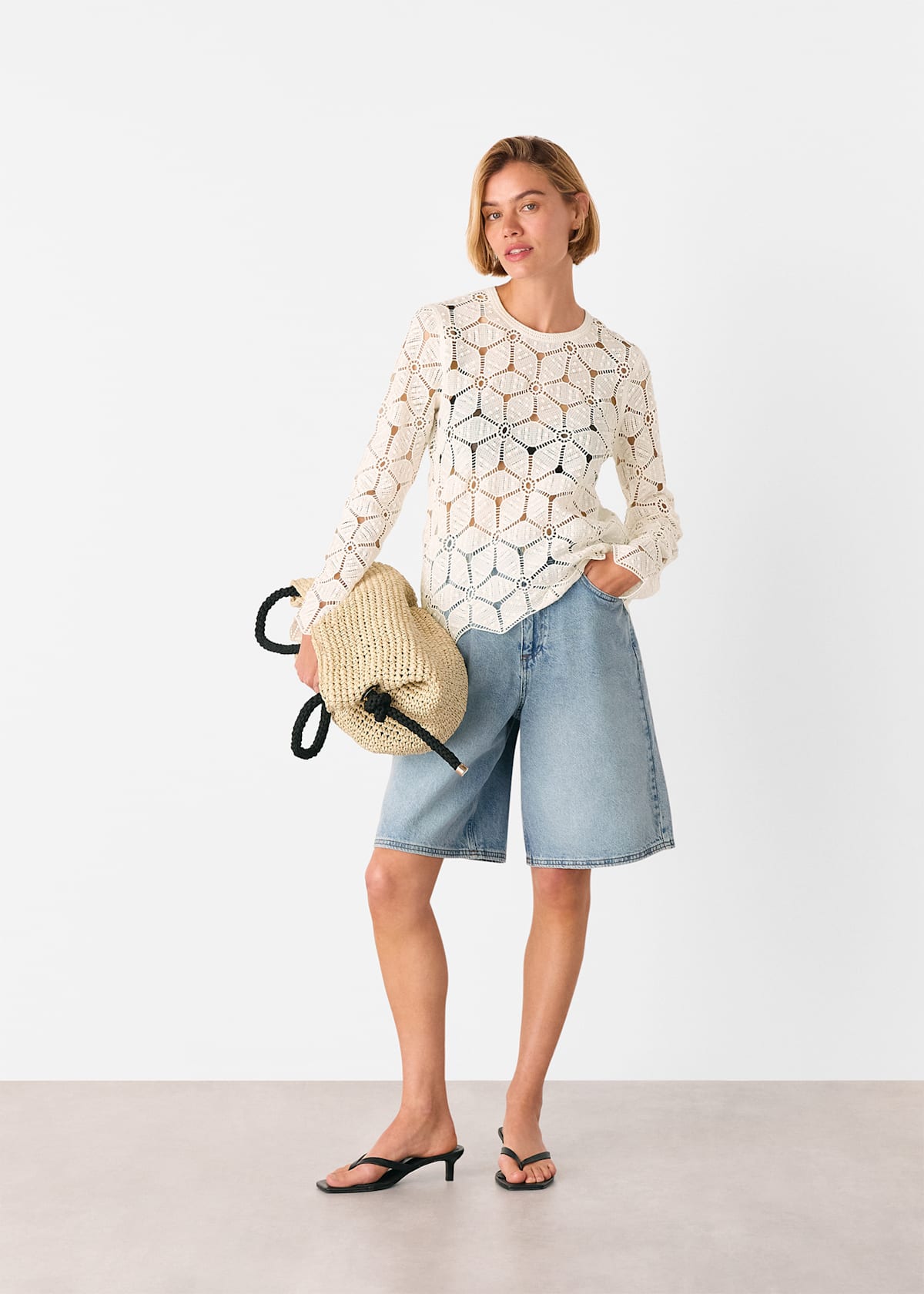 White Crochet Long Sleeve Knit