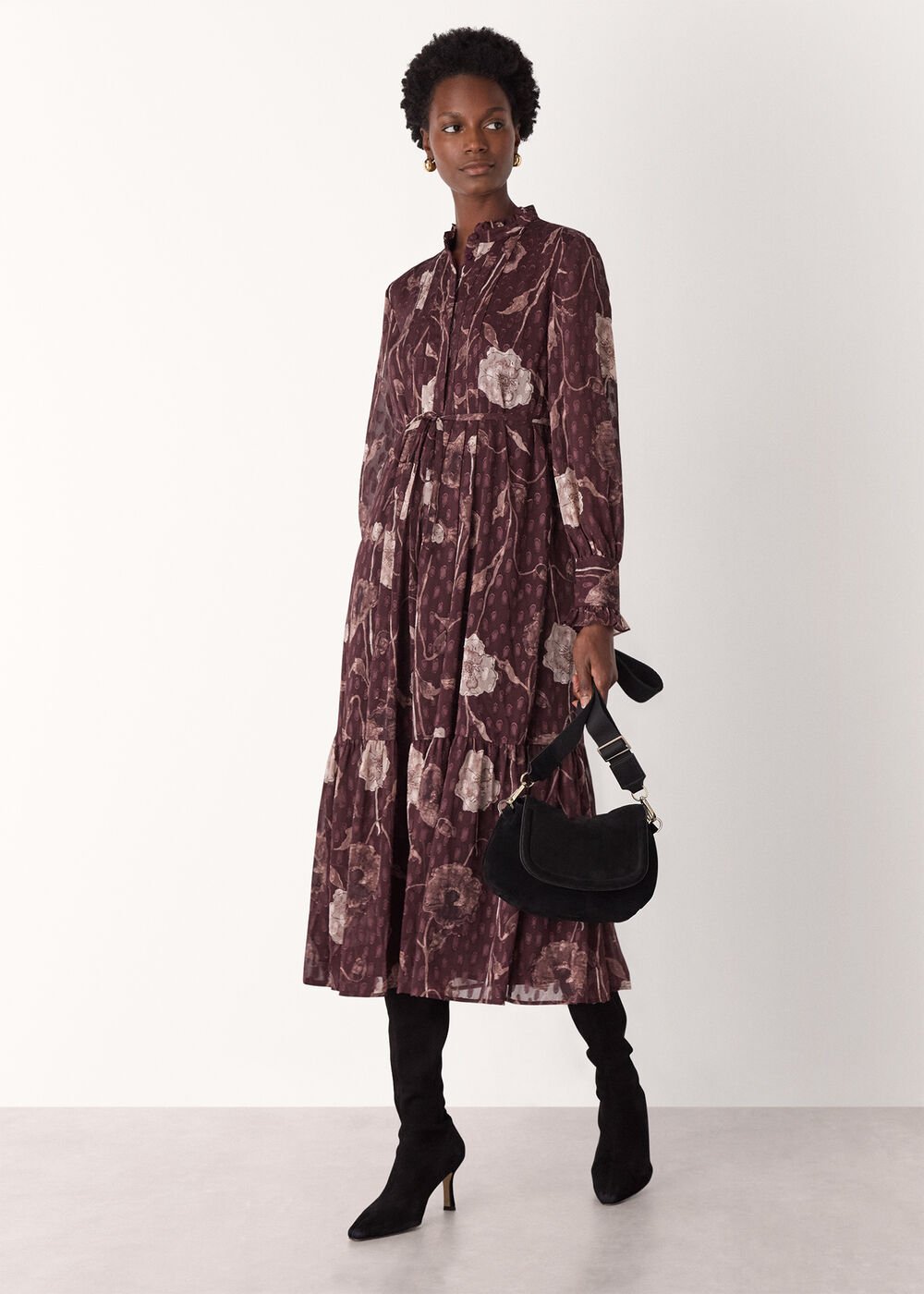 Burgundy Floral Dobby Midi Dress