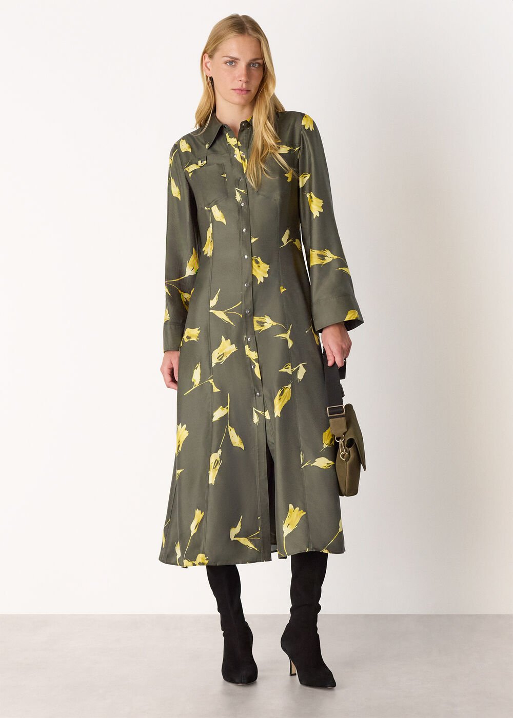 Green Floral Silk Shirt Midi Dress