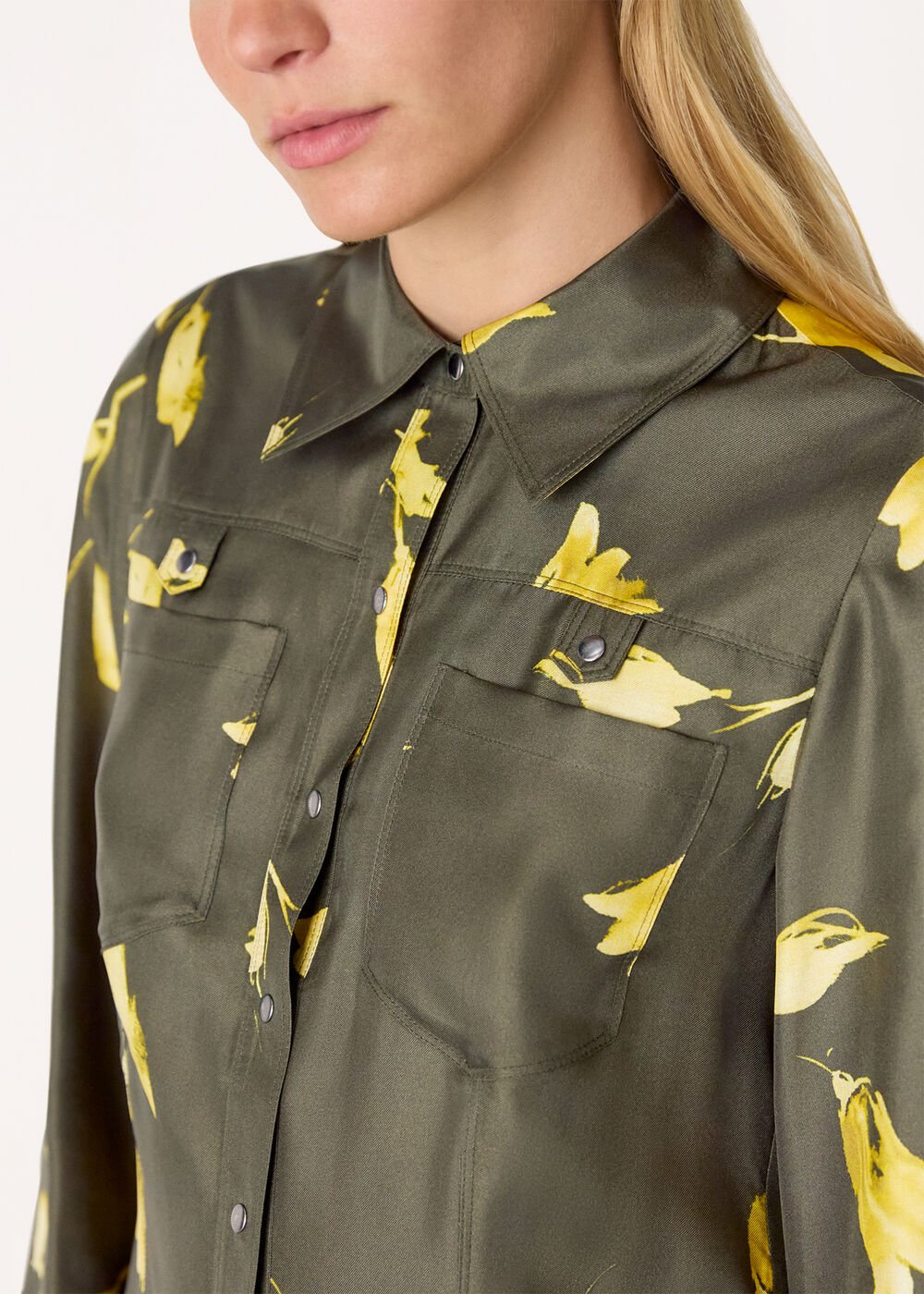 Green Floral Silk Shirt Midi Dress