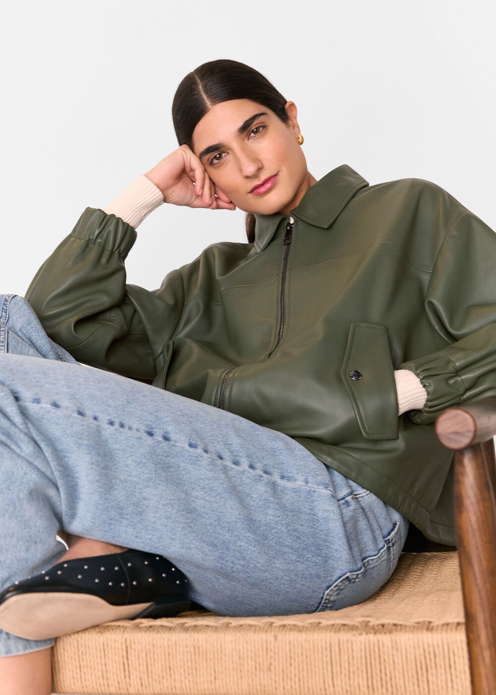 Khaki Frida Leather Bomber Jacket