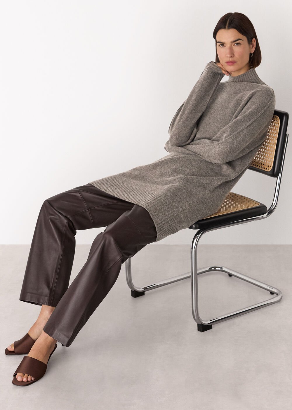 Taupe Funnel Neck Wool Mini Dress