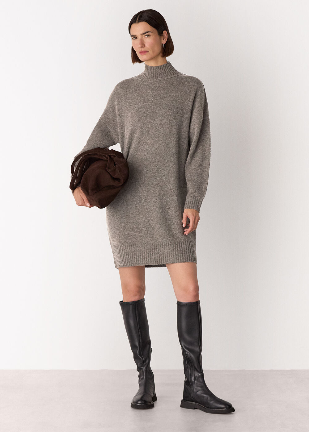 Taupe Funnel Neck Wool Mini Dress