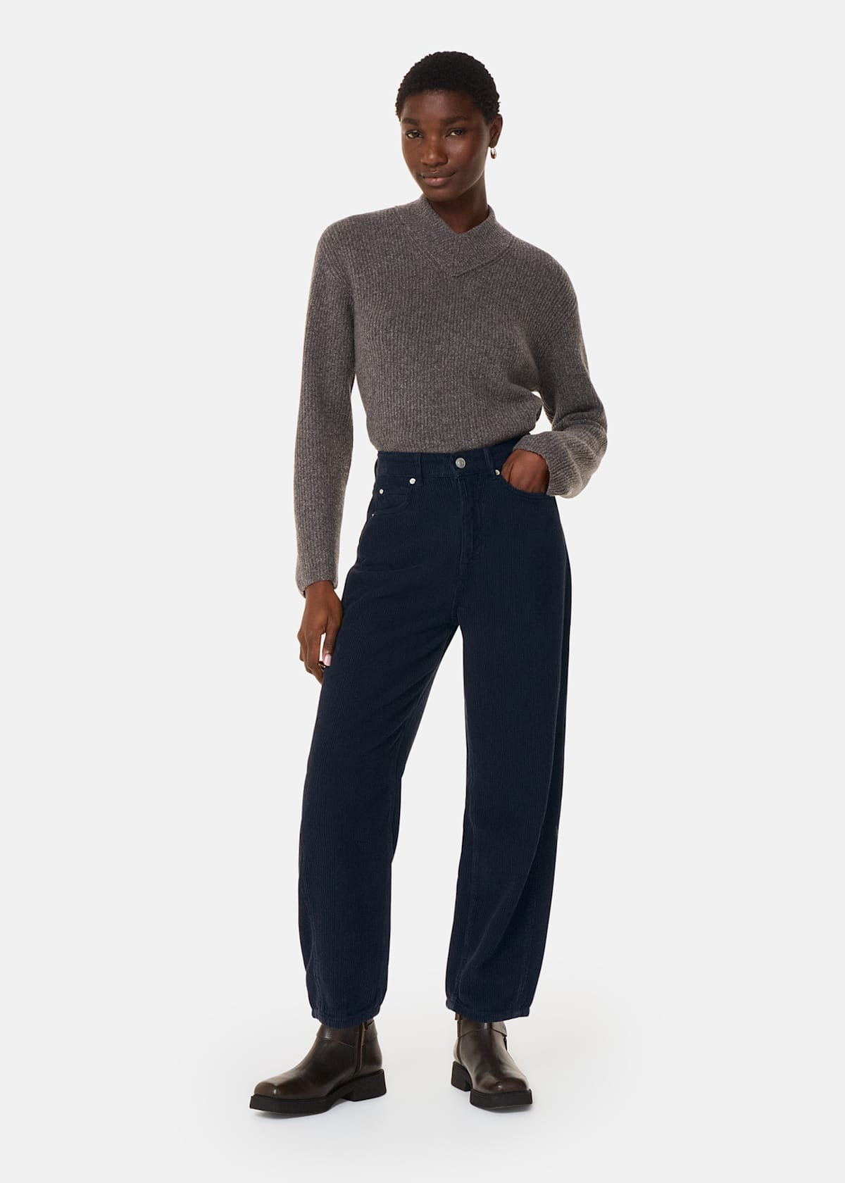 Navy High Waist Cord Barrel Jeans