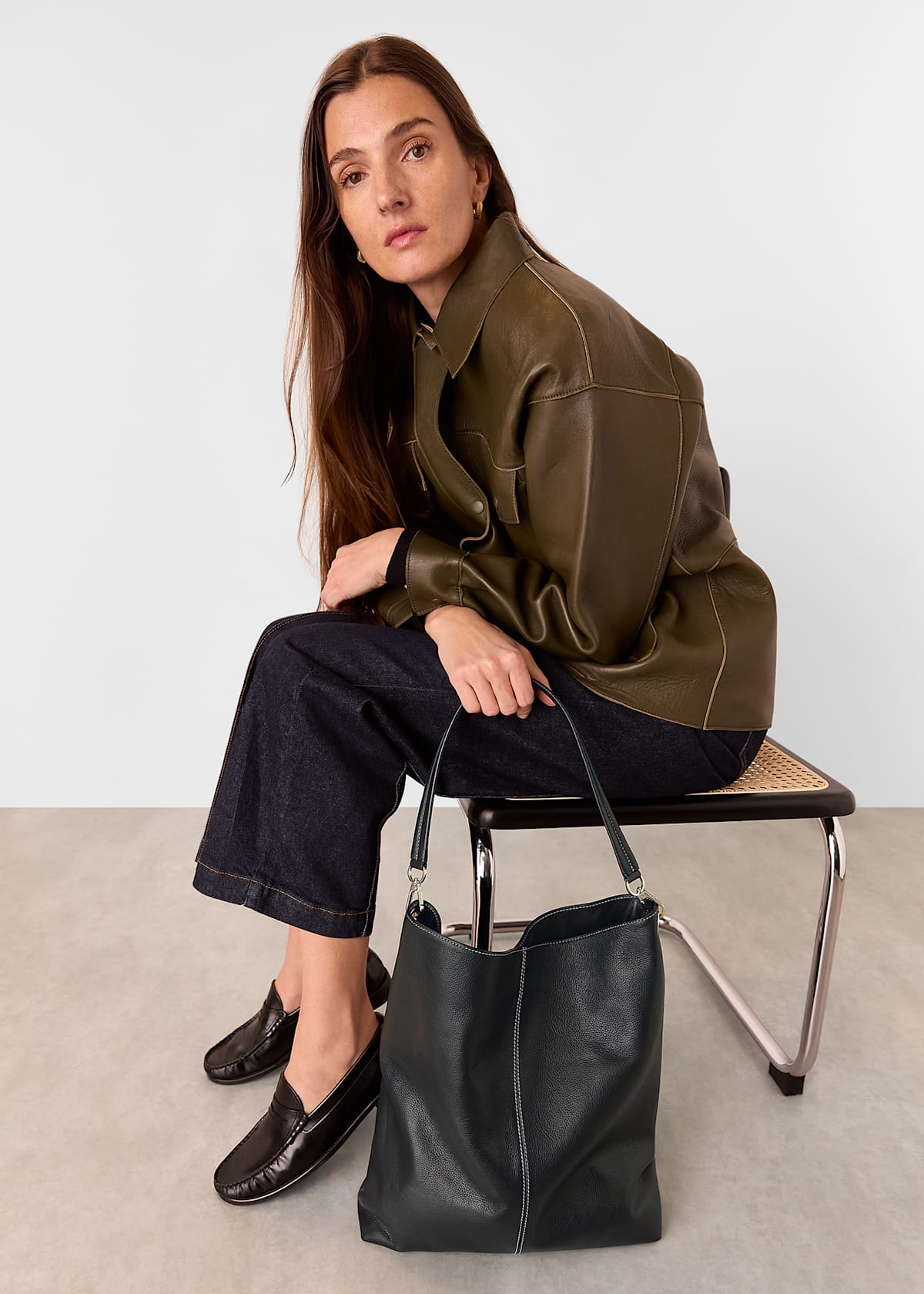 Black Kamil Contrast Stitch Tote Bag