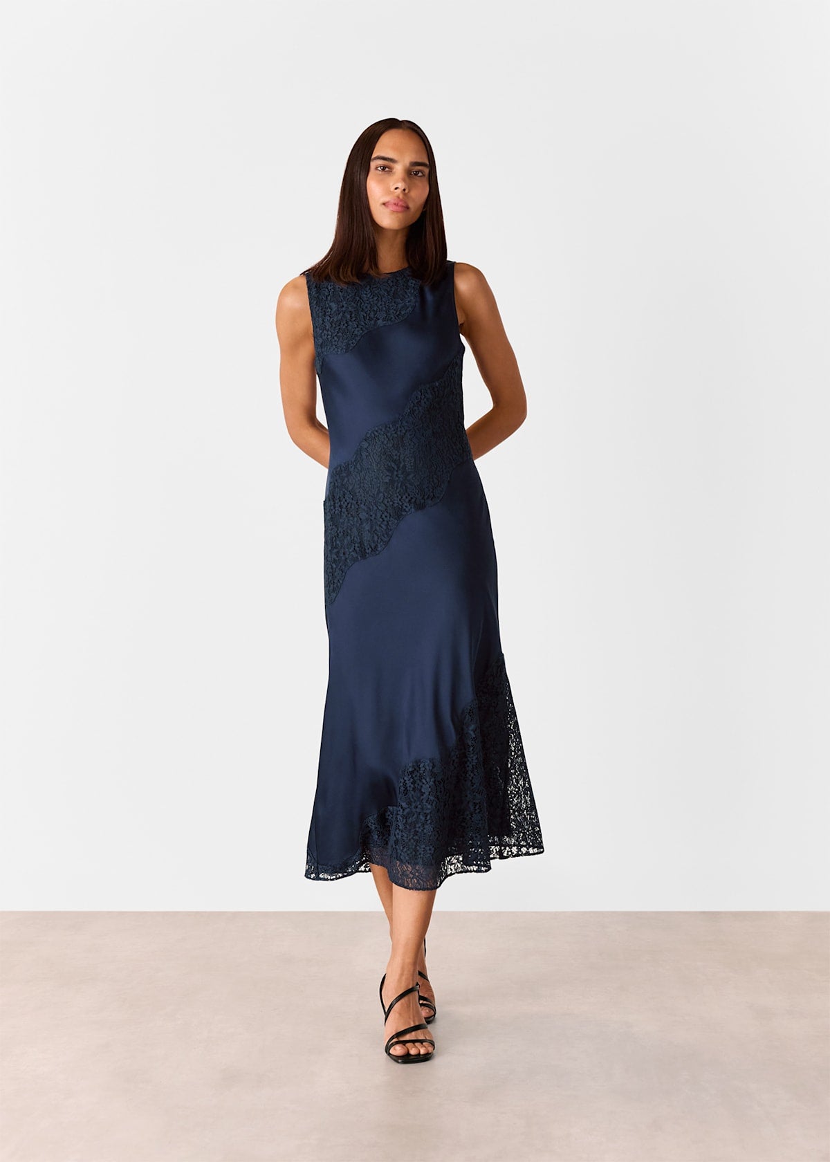 Navy Lace Insert Midi Dress