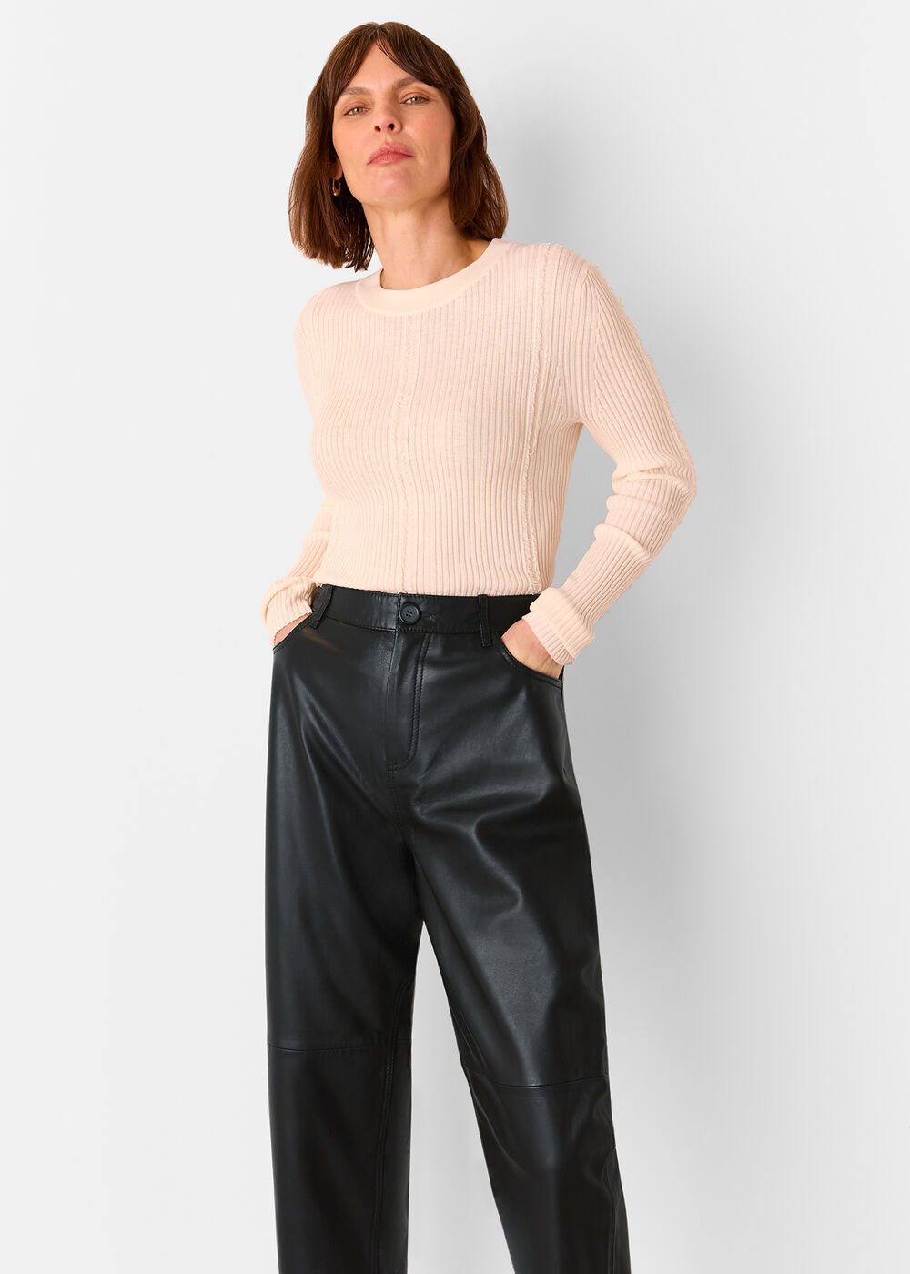 Black Leather Barrel Leg Trouser