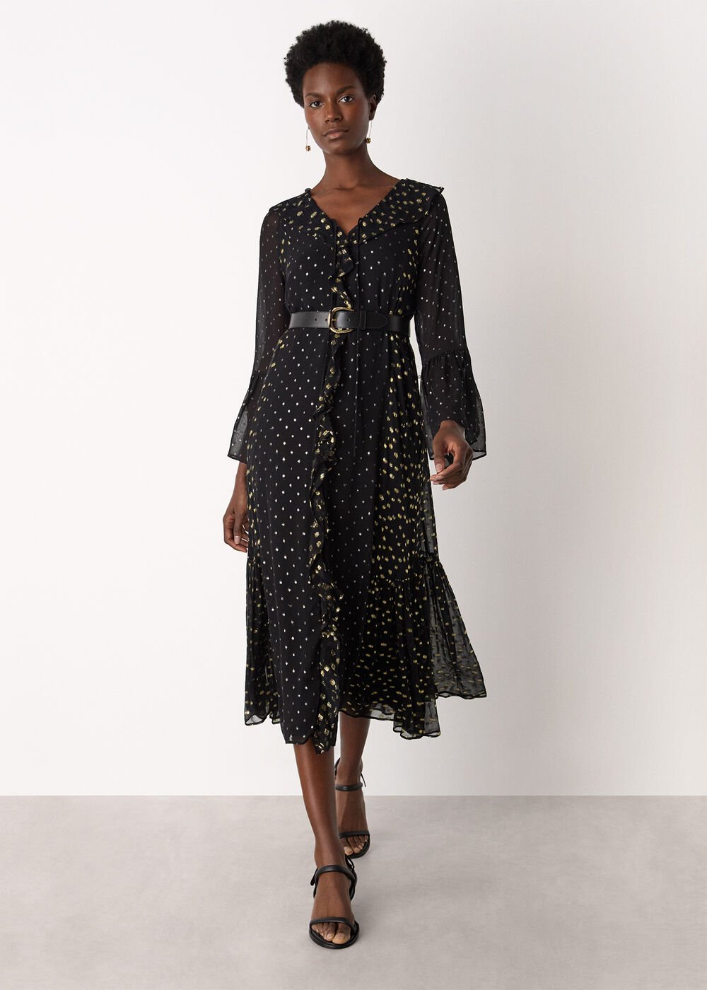 Black/Multi Metallic Dobby Ruffle Dress