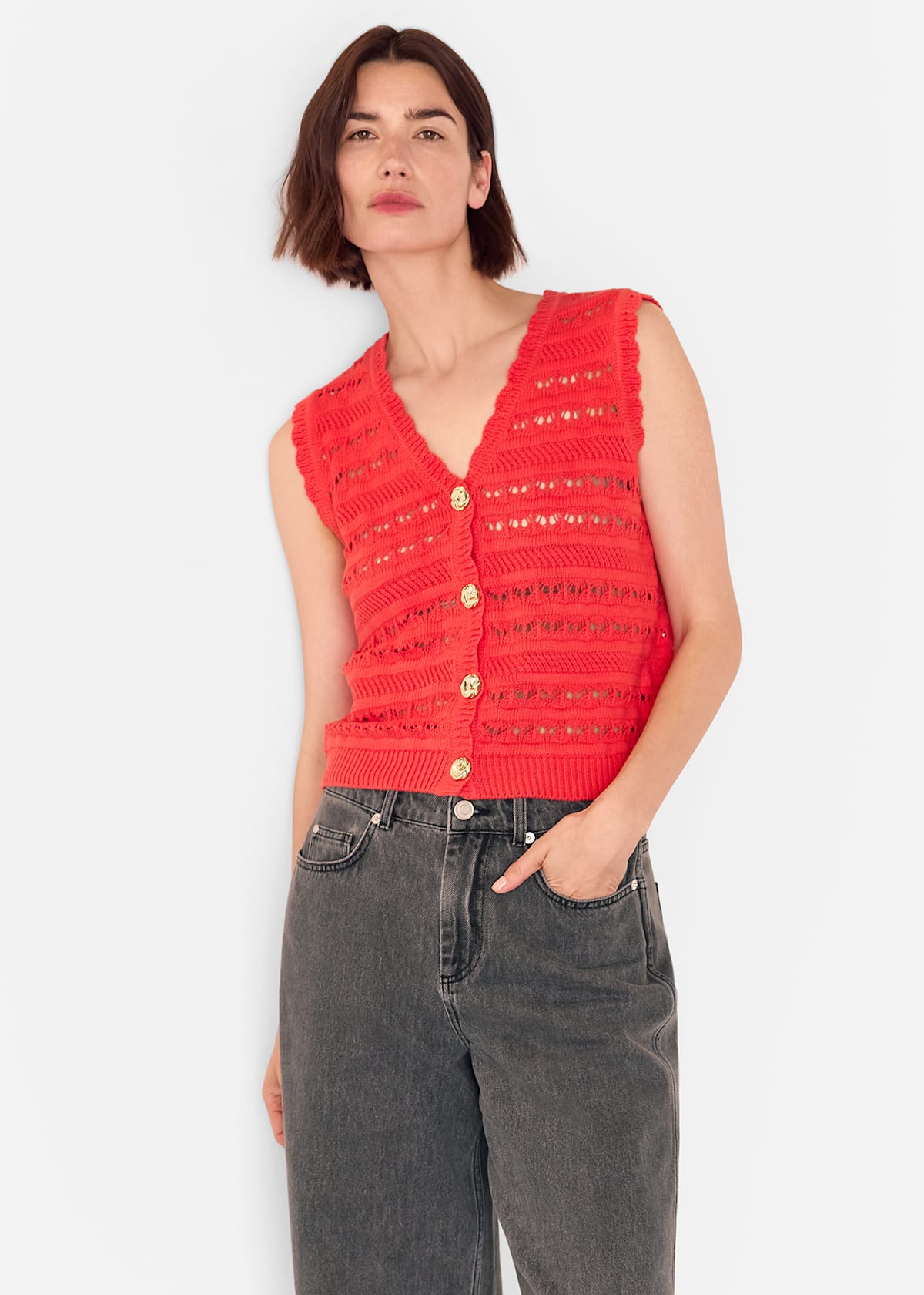 Red Pointelle Detail Tank Top