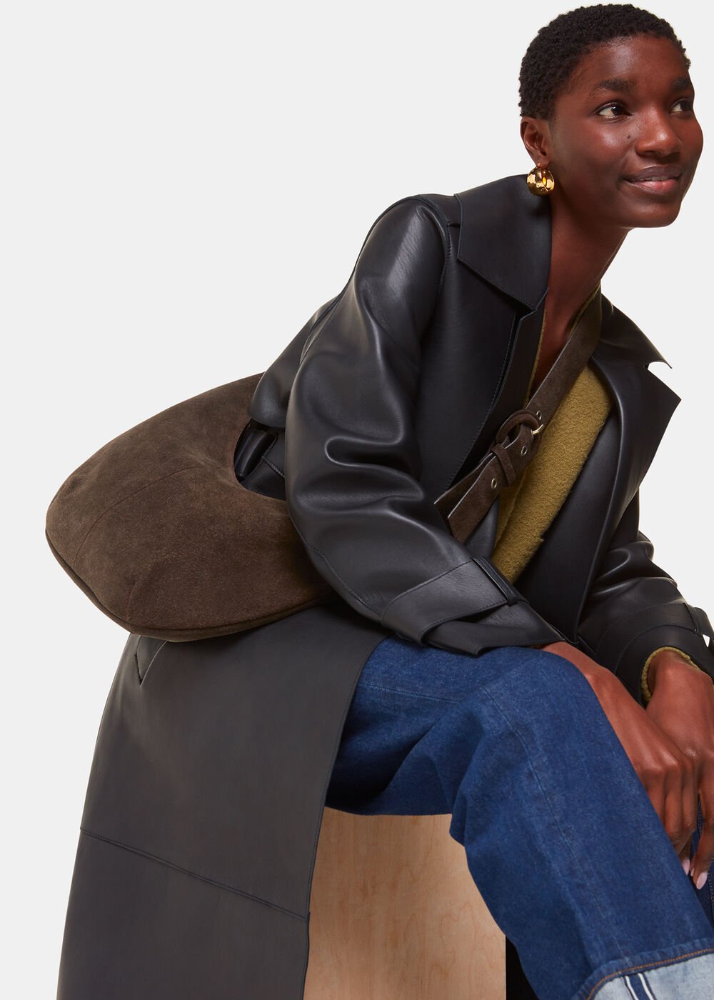 Chocolate Sia Suede Curved Crossbody Bag