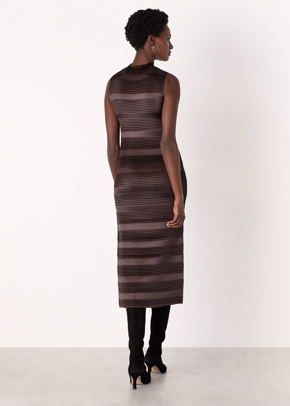 Brown Sleeveless Plisse Midi Dress