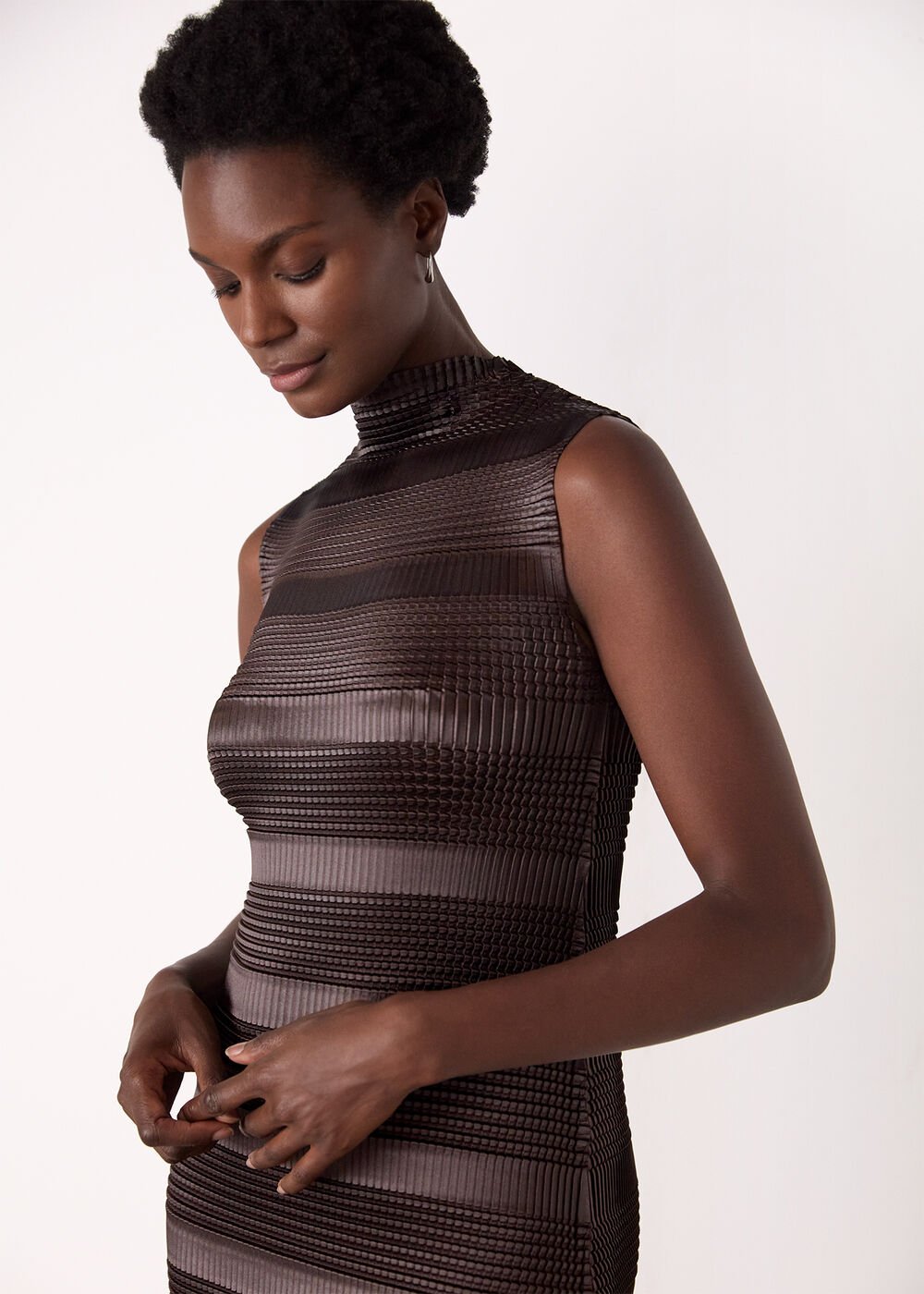 Brown Sleeveless Plisse Midi Dress