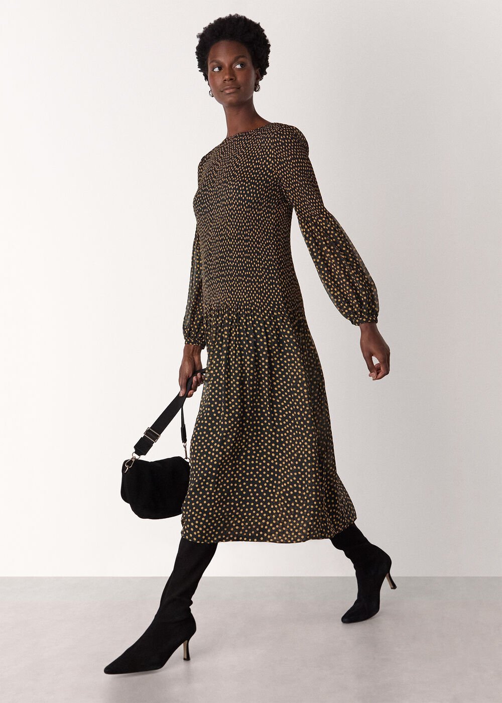 Black/Multi Spot Print Plisse Midi Dress