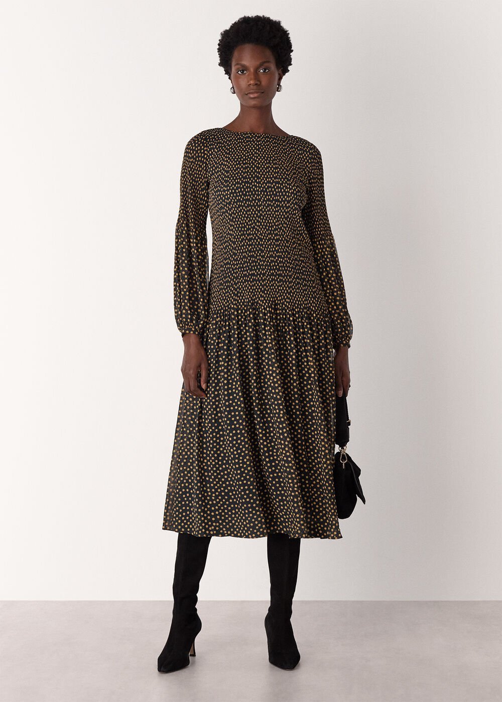 Black/Multi Spot Print Plisse Midi Dress