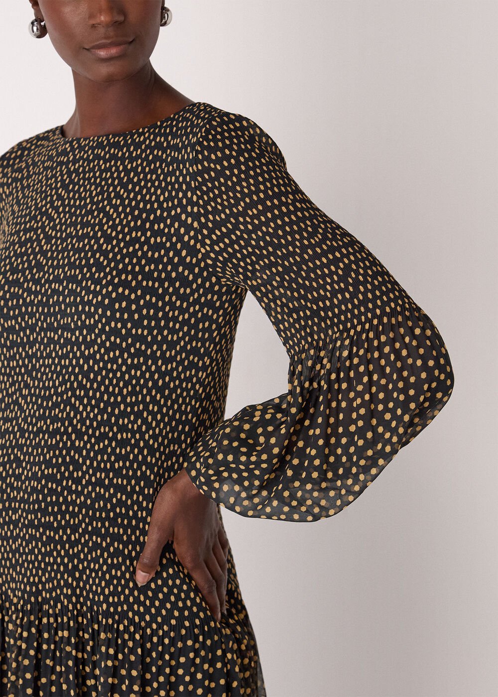 Black/Multi Spot Print Plisse Midi Dress