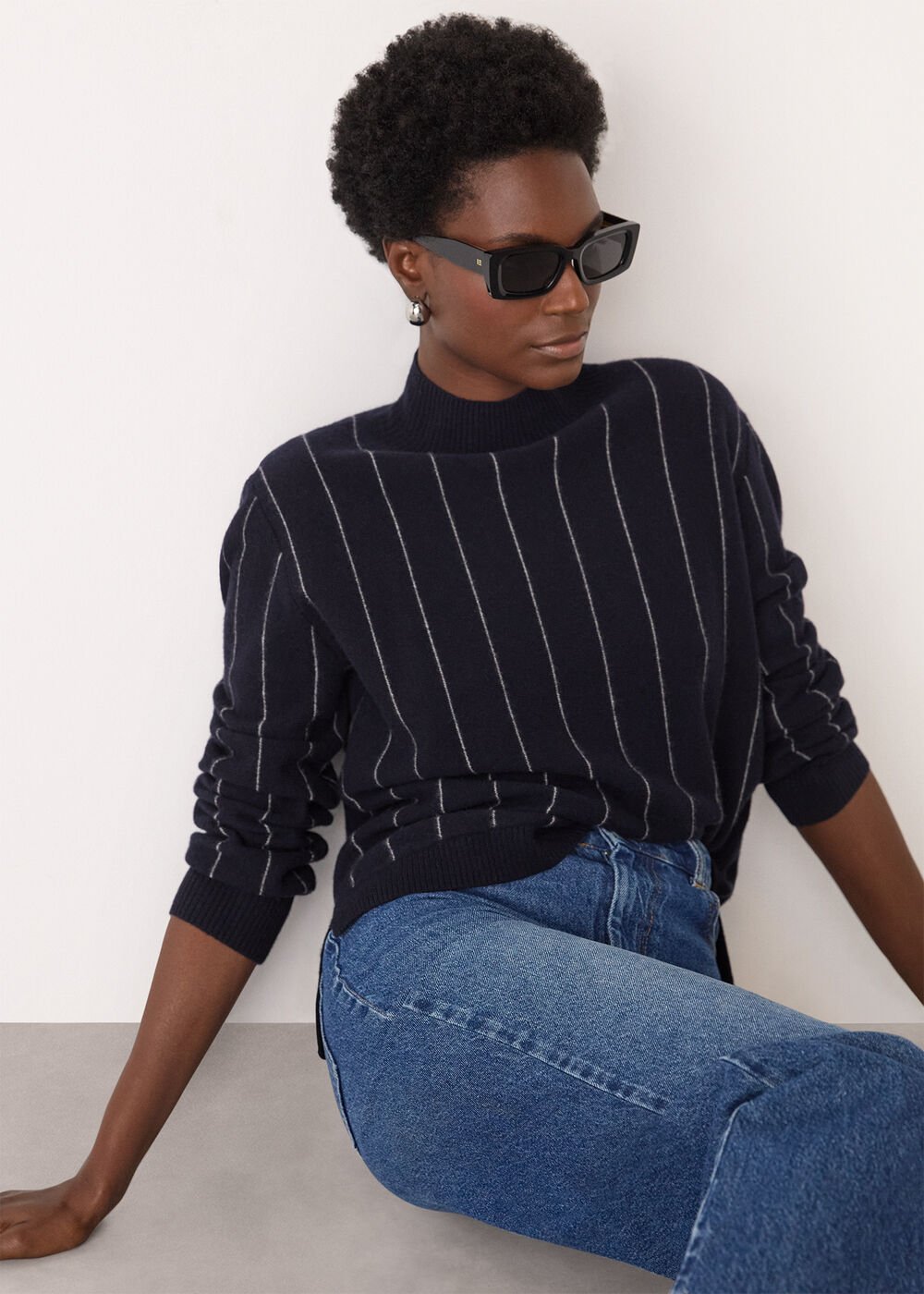 Navy Stripe Wool Funnel Neck Knit Top