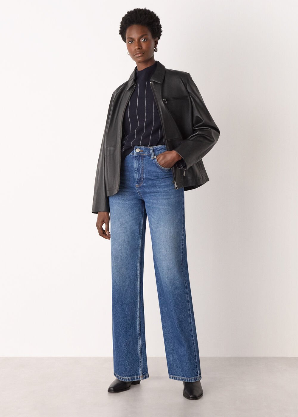 Navy Stripe Wool Funnel Neck Knit Top
