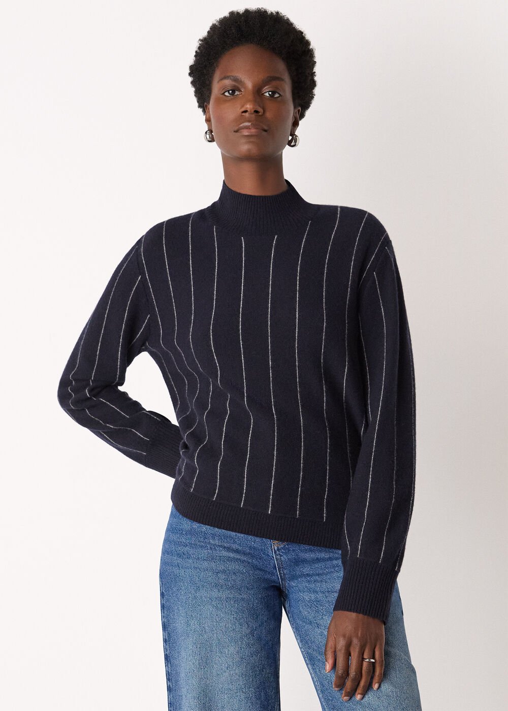 Navy Stripe Wool Funnel Neck Knit Top