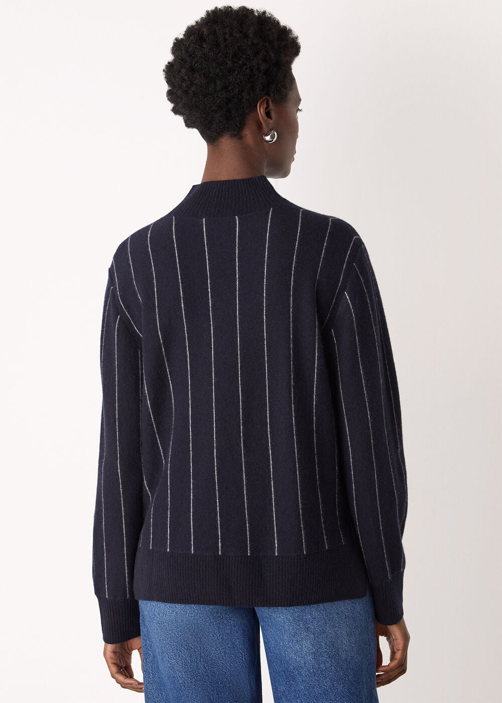 Navy Stripe Wool Funnel Neck Knit Top