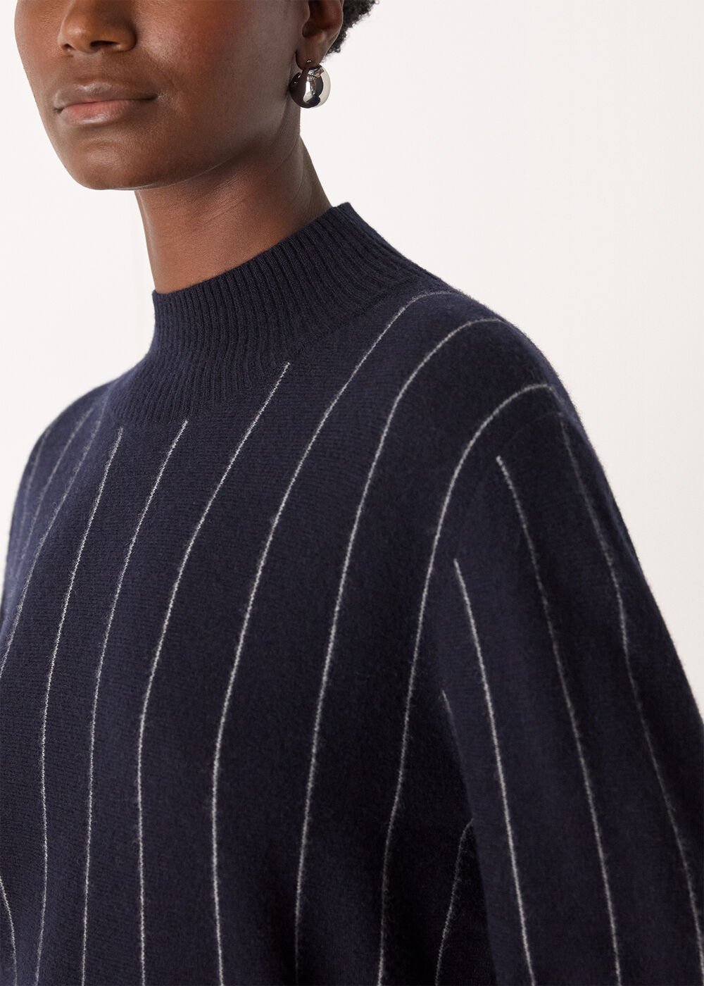 Navy Stripe Wool Funnel Neck Knit Top