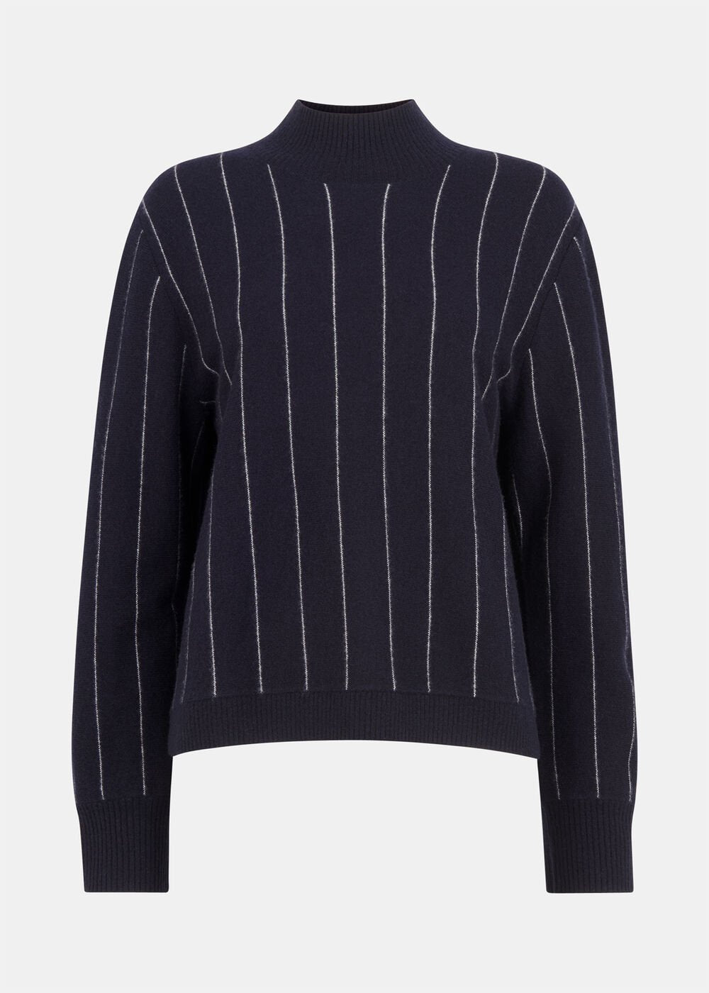 Navy Stripe Wool Funnel Neck Knit Top