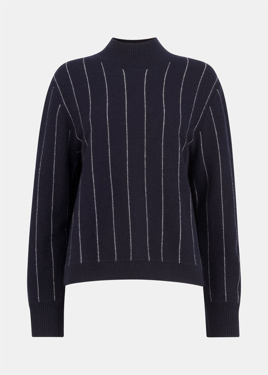 Navy Stripe Wool Funnel Neck Knit Top