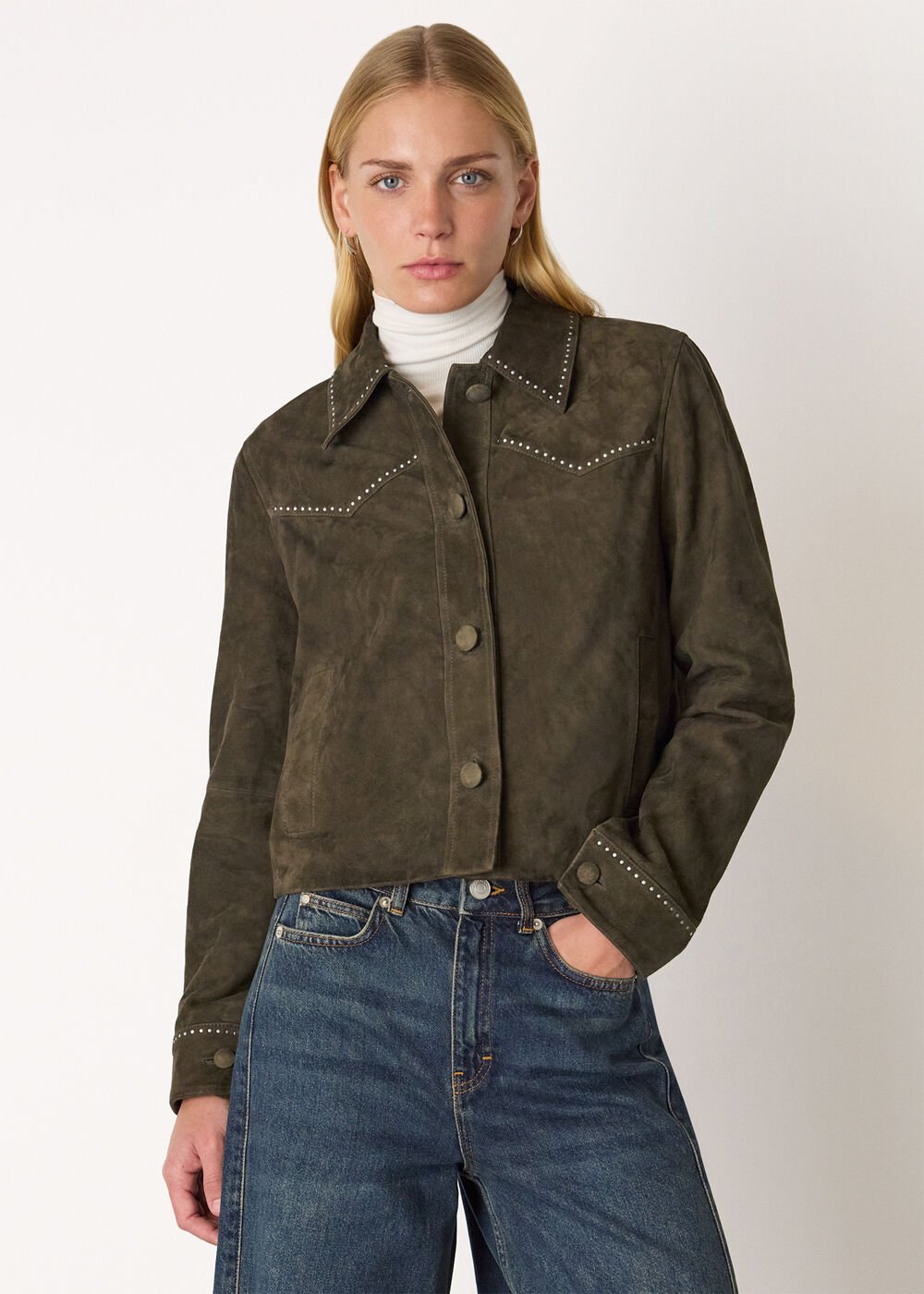 Olive Suede Leather Studded Jacket
