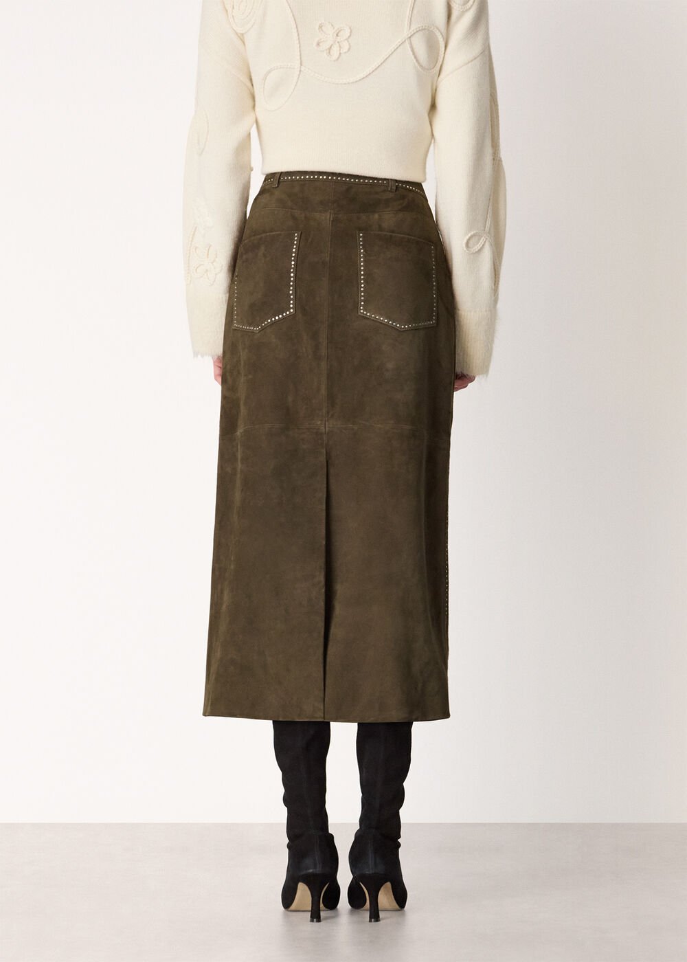 Olive Suede Studded Column Skirt