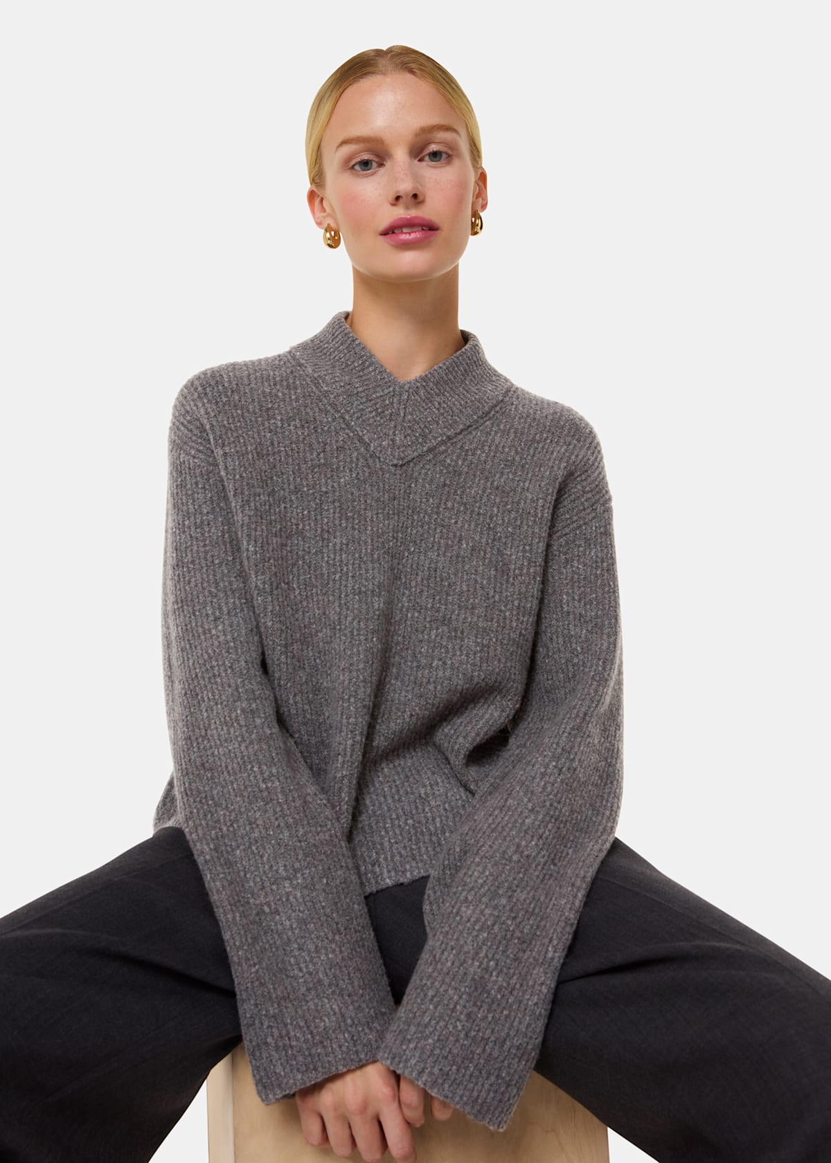 Grey V Neck Wool Mix Knit Top