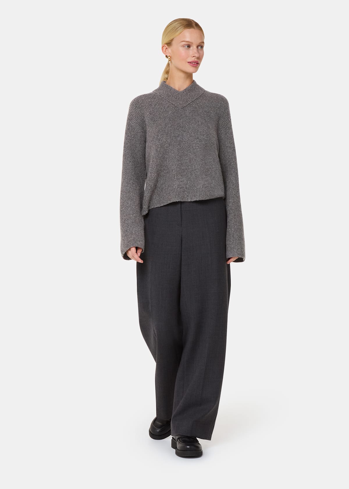 Grey V Neck Wool Mix Knit Top