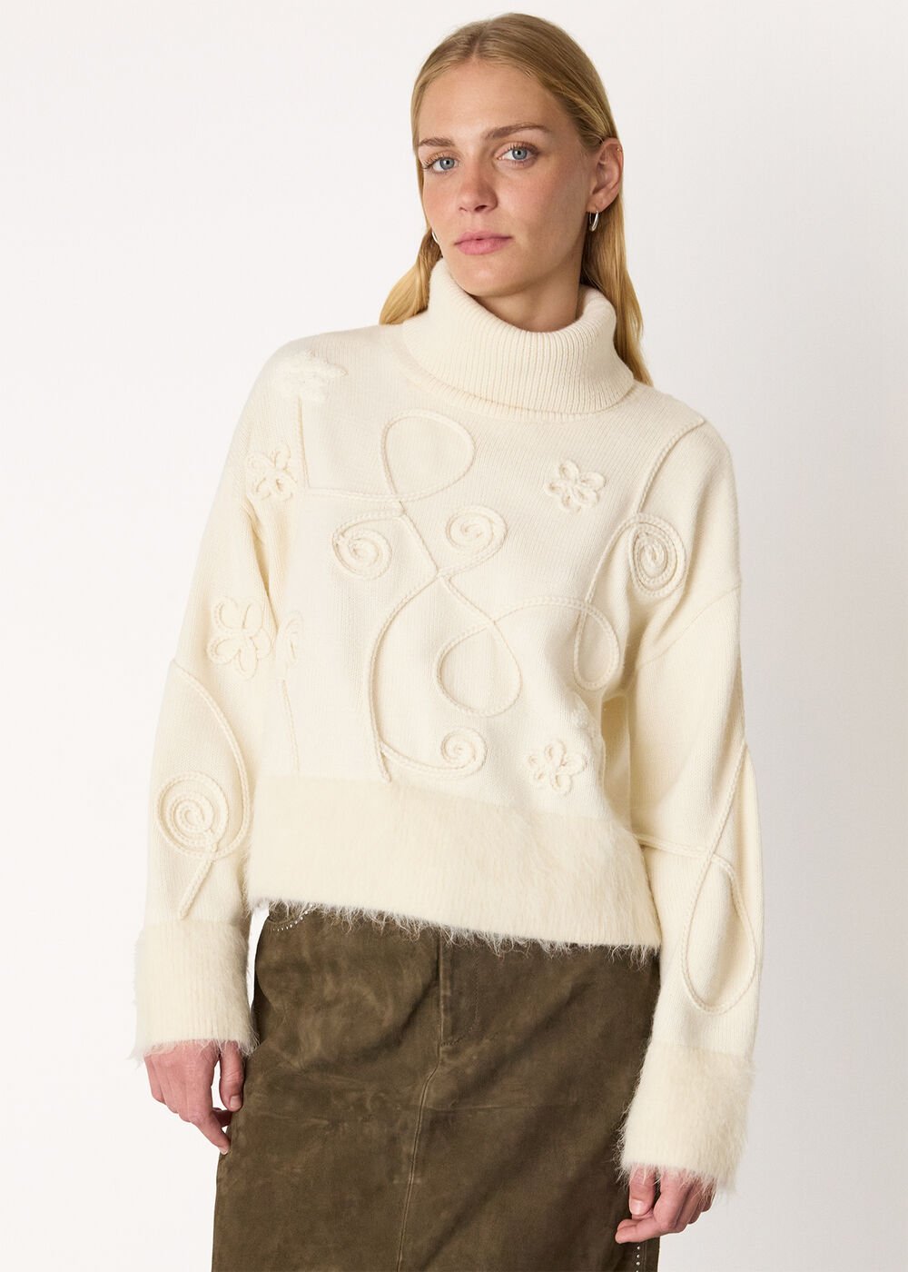Cream Wool Embroidered Floral Jumper